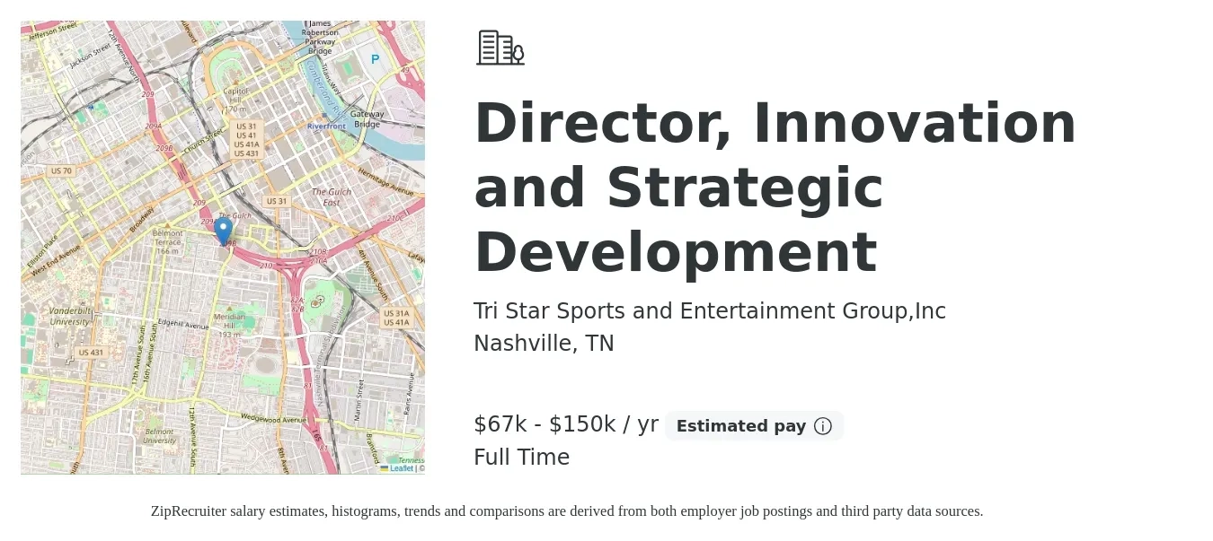 Tri Star Sports and Entertainment Group,Inc job posting for a Director, Innovation and Strategic Development in Nashville, TN with a salary of $67,000 to $150,000 Yearly with a map of Nashville location.