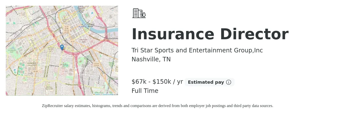 Tri Star Sports and Entertainment Group,Inc job posting for a Insurance Director in Nashville, TN with a salary of $67,000 to $150,000 Yearly with a map of Nashville location.