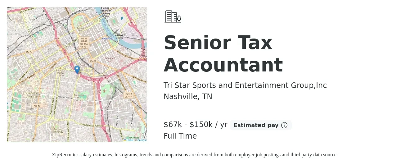 Tri Star Sports and Entertainment Group,Inc job posting for a Senior Tax Accountant in Nashville, TN with a salary of $67,000 to $150,000 Yearly with a map of Nashville location.