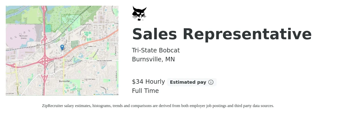 Tri-State Bobcat job posting for a Sales Representative in Burnsville, MN with a salary of $55,100 to $95,800 Yearly with a map of Burnsville location.