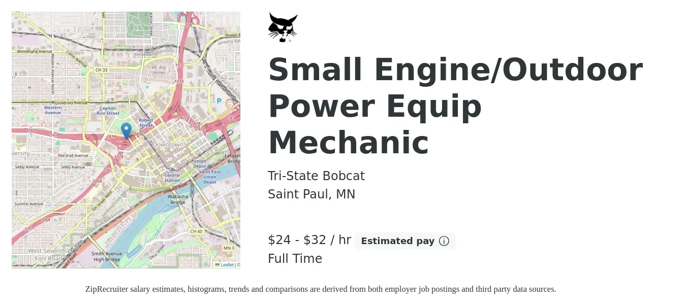 Tri-State Bobcat job posting for a Small Engine/Outdoor Power Equip Mechanic in Saint Paul, MN with a salary of $25 to $34 Hourly with a map of Saint Paul location.