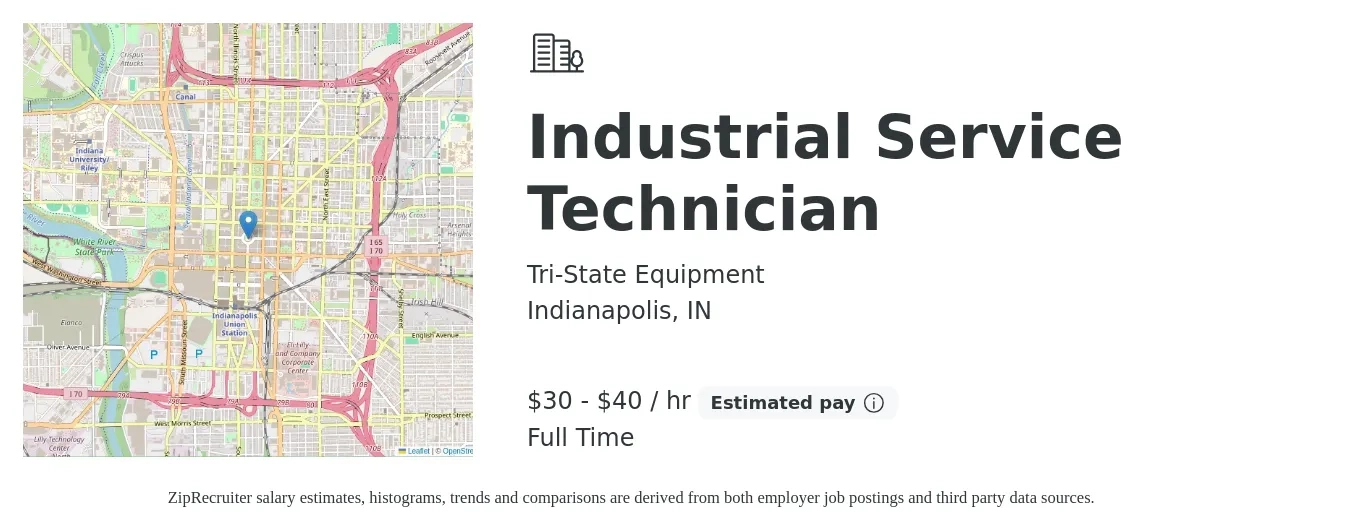 Tri-State Equipment job posting for a Industrial Service Technician in Indianapolis, IN with a salary of $32 to $42 Hourly with a map of Indianapolis location.