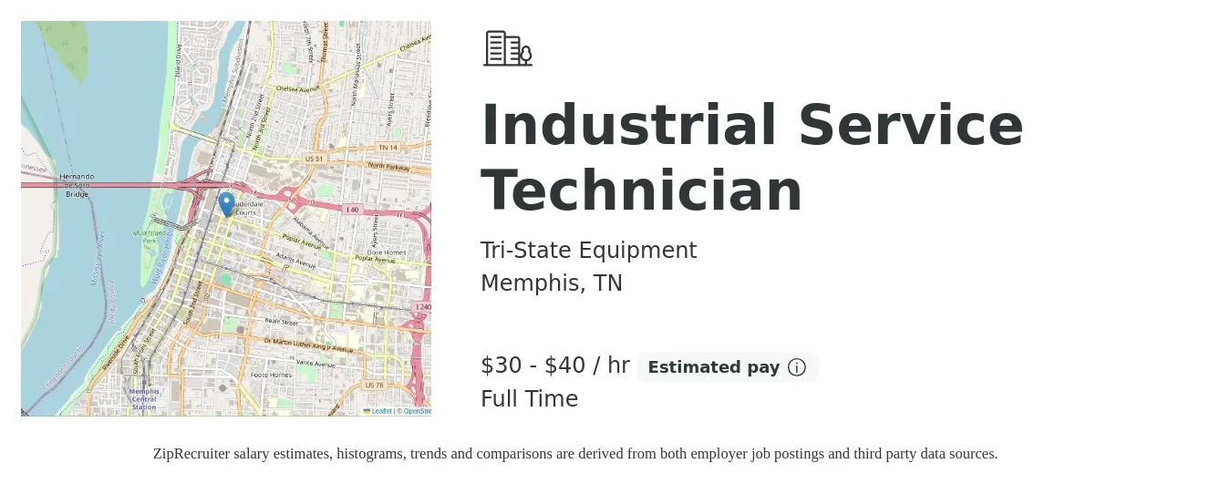 Tri-State Equipment job posting for a Industrial Service Technician in Memphis, TN with a salary of $32 to $42 Hourly with a map of Memphis location.