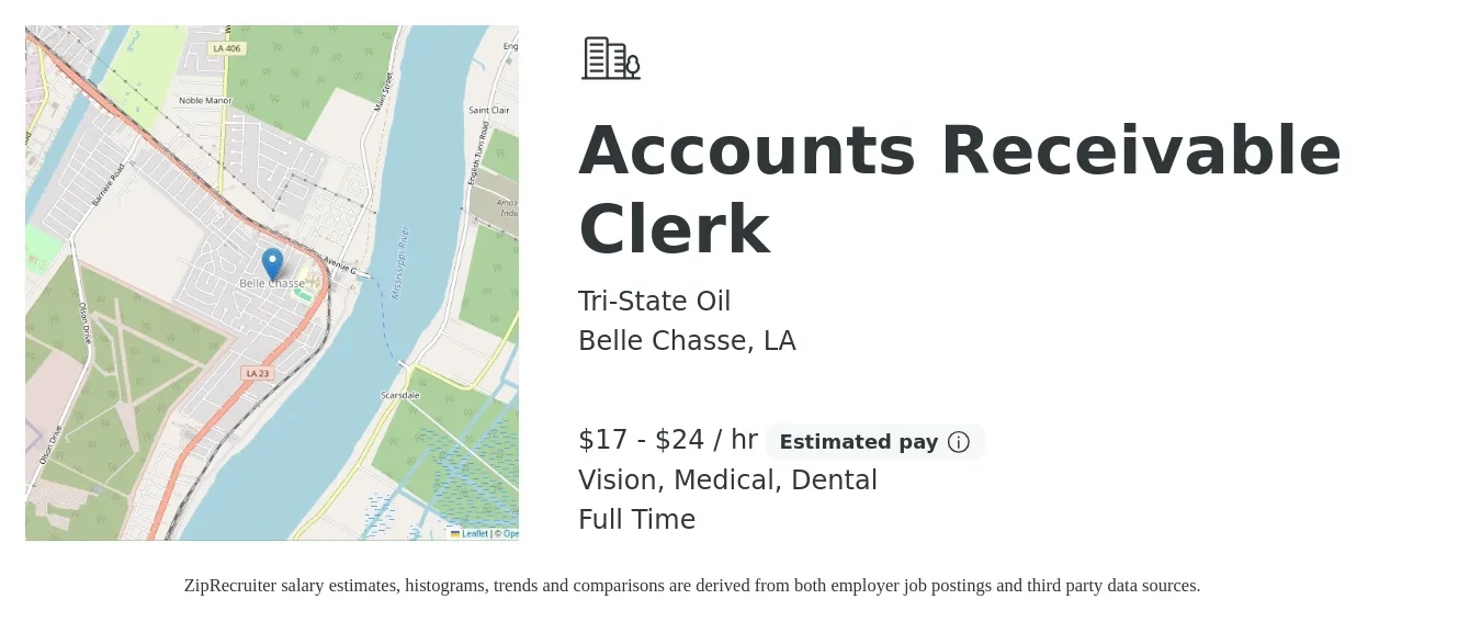 Tri-State Oil job posting for a Accounts Receivable Clerk in Belle Chasse, LA with a salary of $18 to $25 Hourly and benefits including retirement, vision, dental, life_insurance, and medical with a map of Belle Chasse location.