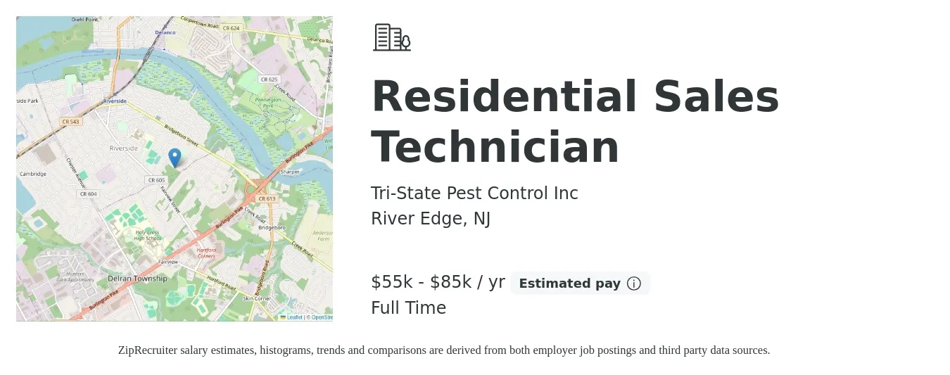 Tri-State Pest Control Inc job posting for a Residential Sales Technician in River Edge, NJ with a salary of $55,000 to $85,000 Yearly with a map of River Edge location.