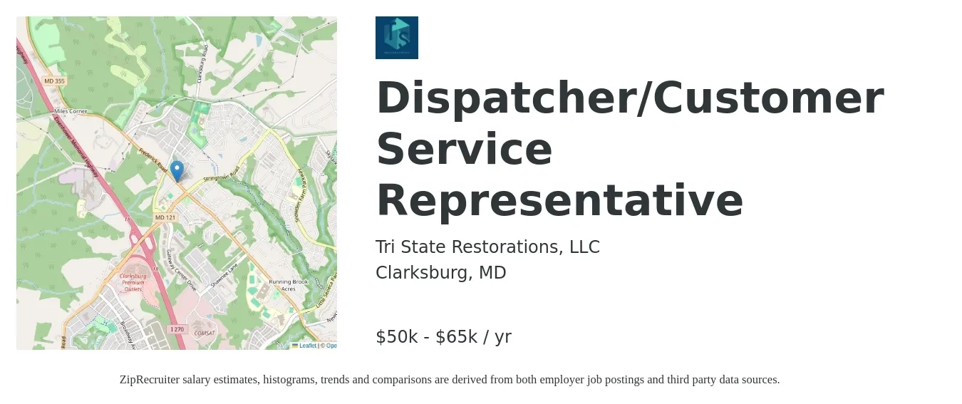 Tri State Restorations, LLC job posting for a Dispatcher/Customer Service Representative in Clarksburg, MD with a salary of $50 Hourly with a map of Clarksburg location.