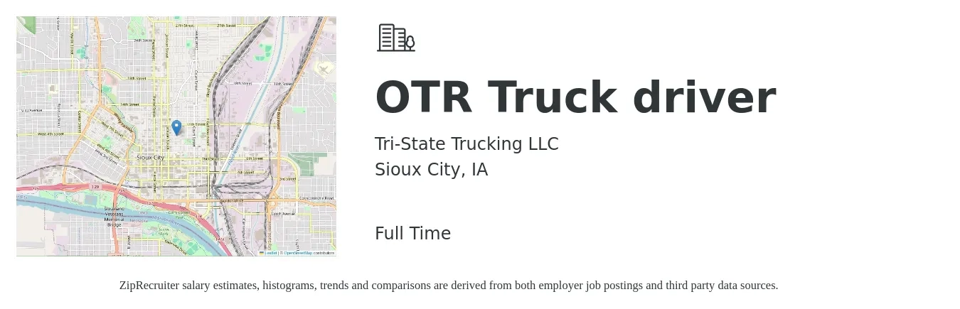 Tri-State Trucking LLC job posting for a OTR Truck driver in Sioux City, IA with a salary of $1,360 to $1,790 Weekly with a map of Sioux City location.