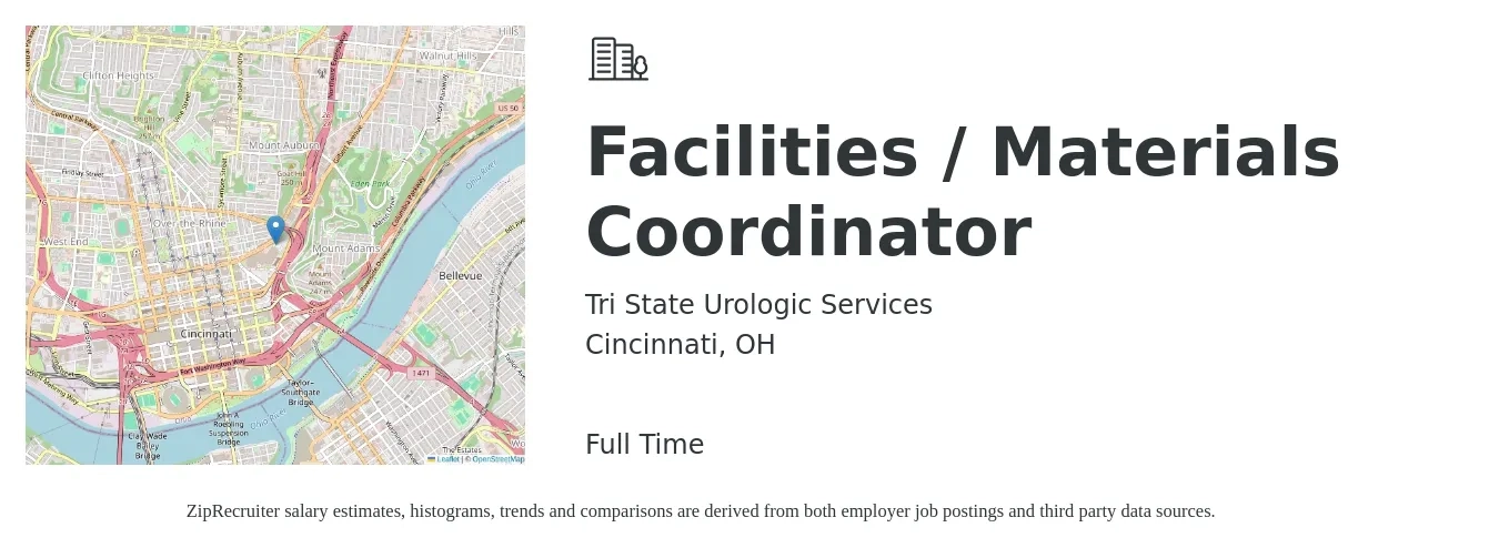 Tri State Urologic Services job posting for a Facilities / Materials Coordinator in Cincinnati, OH with a salary of $20 to $27 Hourly with a map of Cincinnati location.