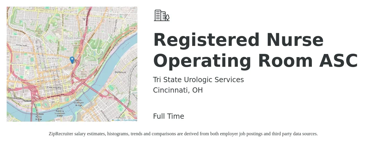 Tri State Urologic Services job posting for a Registered Nurse Operating Room ASC in Cincinnati, OH with a salary of $1,940 to $3,020 Weekly with a map of Cincinnati location.
