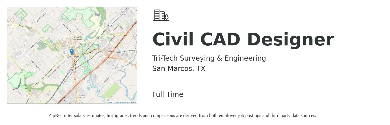 Tri-Tech Surveying & Engineering job posting for a Civil CAD Designer in San Marcos, TX with a salary of $61,300 to $90,500 Yearly with a map of San Marcos location.