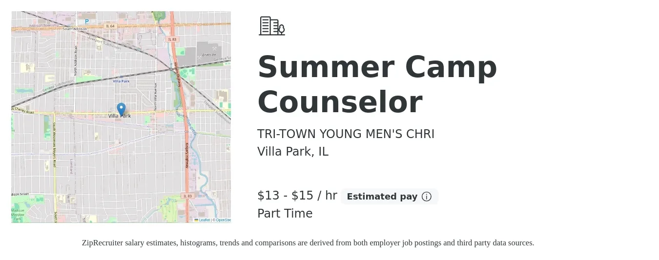 TRI-TOWN YOUNG MEN'S CHRI job posting for a Summer Camp Counselor in Villa Park, IL with a salary of $14 to $16 Hourly with a map of Villa Park location.