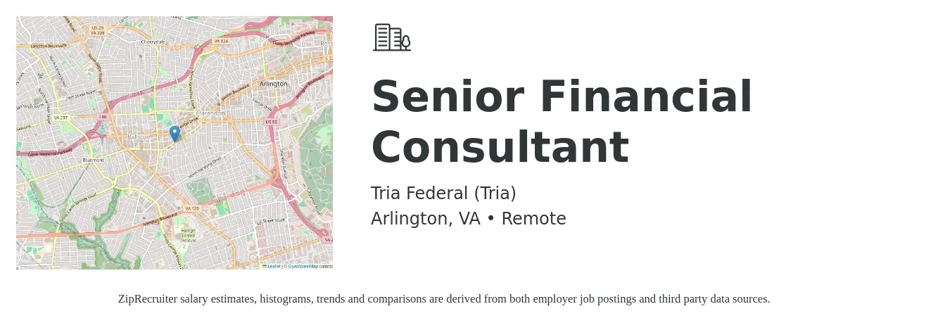 Tria Federal (Tria) job posting for a Senior Financial Consultant in Arlington, VA with a salary of $134,200 Yearly with a map of Arlington location.