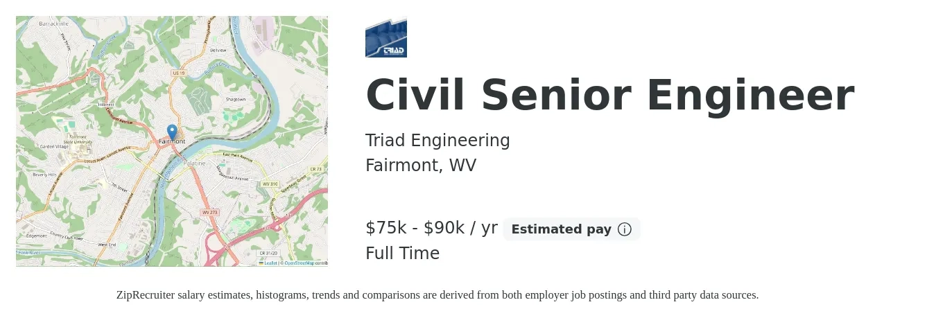 Triad Engineering job posting for a Civil Senior Engineer in Fairmont, WV with a salary of $75,000 to $90,000 Yearly with a map of Fairmont location.