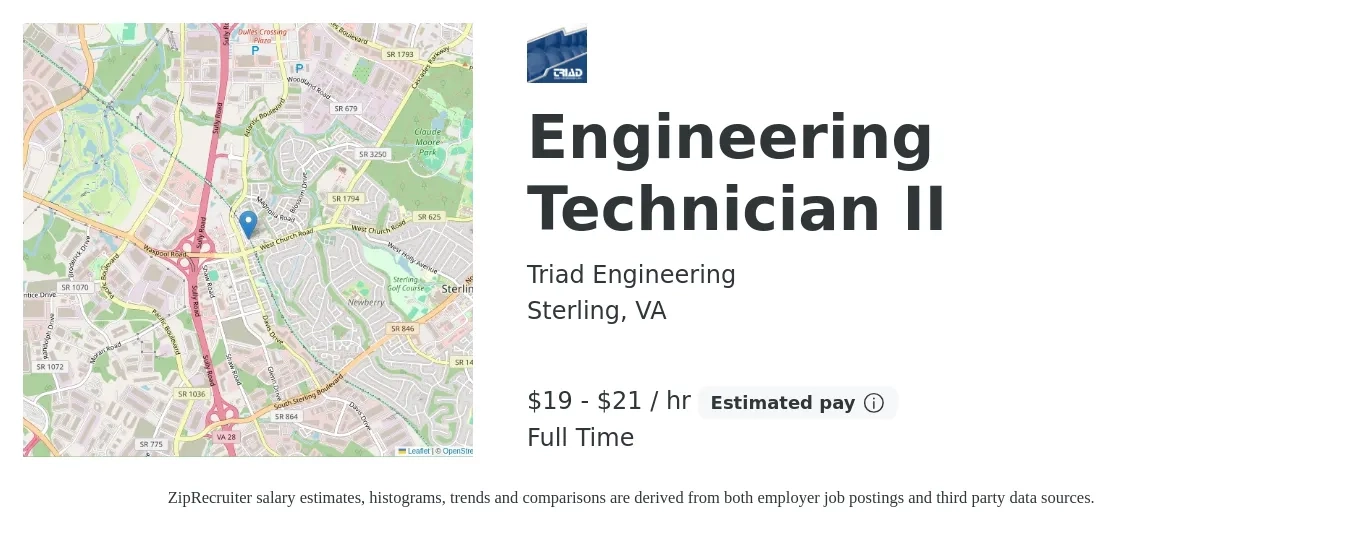 Triad Engineering job posting for a Engineering Technician II in Sterling, VA with a salary of $20 to $22 Hourly with a map of Sterling location.