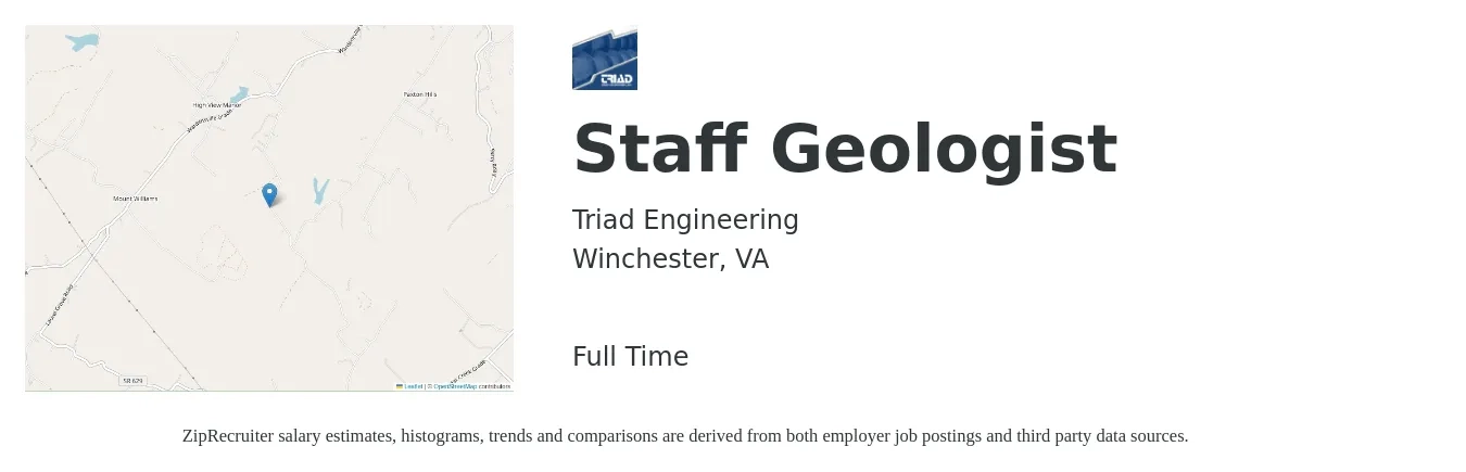 Triad Engineering job posting for a Staff Geologist in Winchester, VA with a salary of $25 to $30 Hourly with a map of Winchester location.