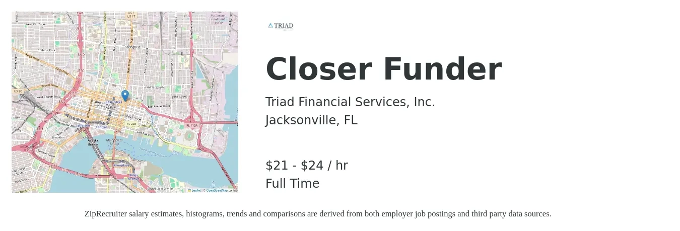 Triad Financial Services, Inc. job posting for a Closer Funder in Jacksonville, FL with a salary of $23 to $25 Hourly with a map of Jacksonville location.