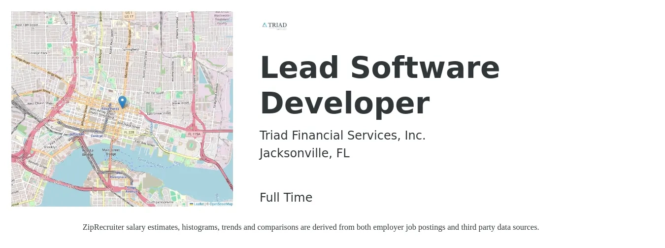 Triad Financial Services, Inc. job posting for a Lead Software Developer in Jacksonville, FL with a salary of $108,300 to $135,900 Yearly with a map of Jacksonville location.