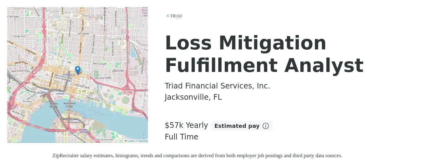 Triad Financial Services, Inc. job posting for a Loss Mitigation Fulfillment Analyst in Jacksonville, FL with a salary of $18 to $26 Hourly with a map of Jacksonville location.