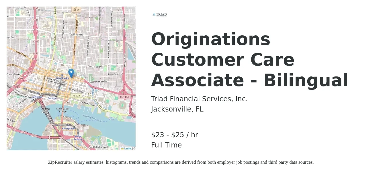 Triad Financial Services, Inc. job posting for a Originations Customer Care Associate - Bilingual in Jacksonville, FL with a salary of $24 to $26 Hourly with a map of Jacksonville location.