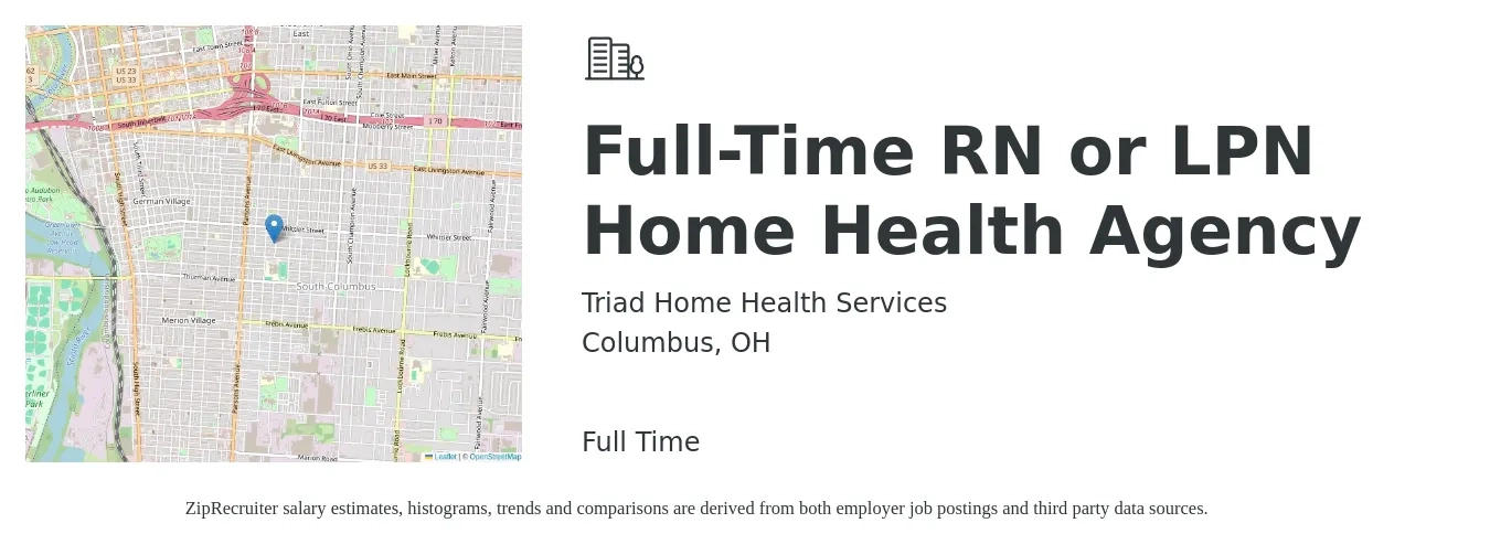 Triad Home Health Services job posting for a Full-Time RN or LPN Home Health Agency in Columbus, OH with a salary of $21 to $29 Daily with a map of Columbus location.