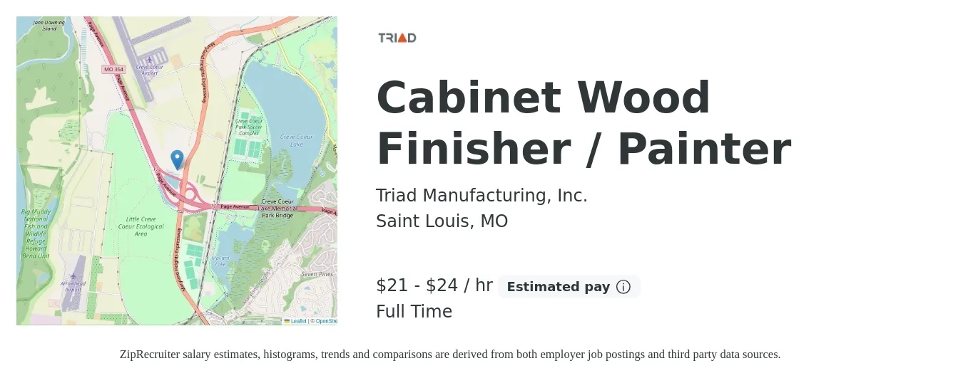 Triad Manufacturing, Inc. job posting for a Cabinet Wood Finisher / Painter in Saint Louis, MO with a salary of $22 to $25 Hourly with a map of Saint Louis location.