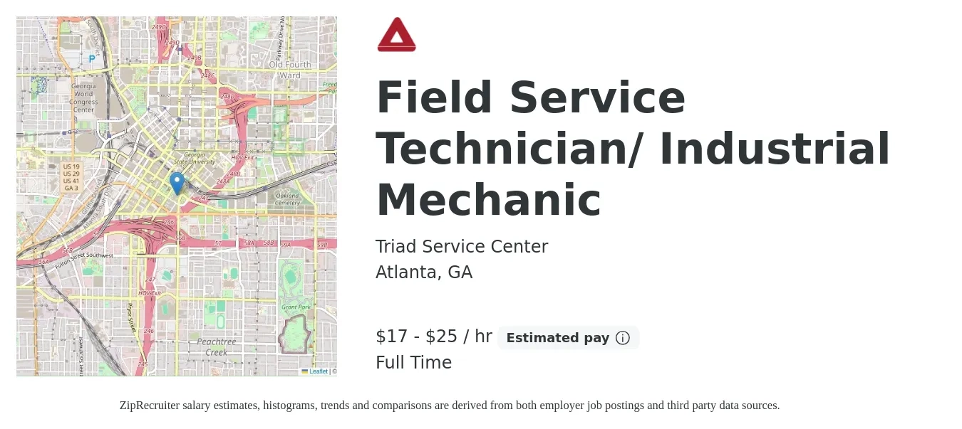 Triad Service Center job posting for a Field Service Technician/ Industrial Mechanic in Atlanta, GA with a salary of $18 to $27 Hourly with a map of Atlanta location.