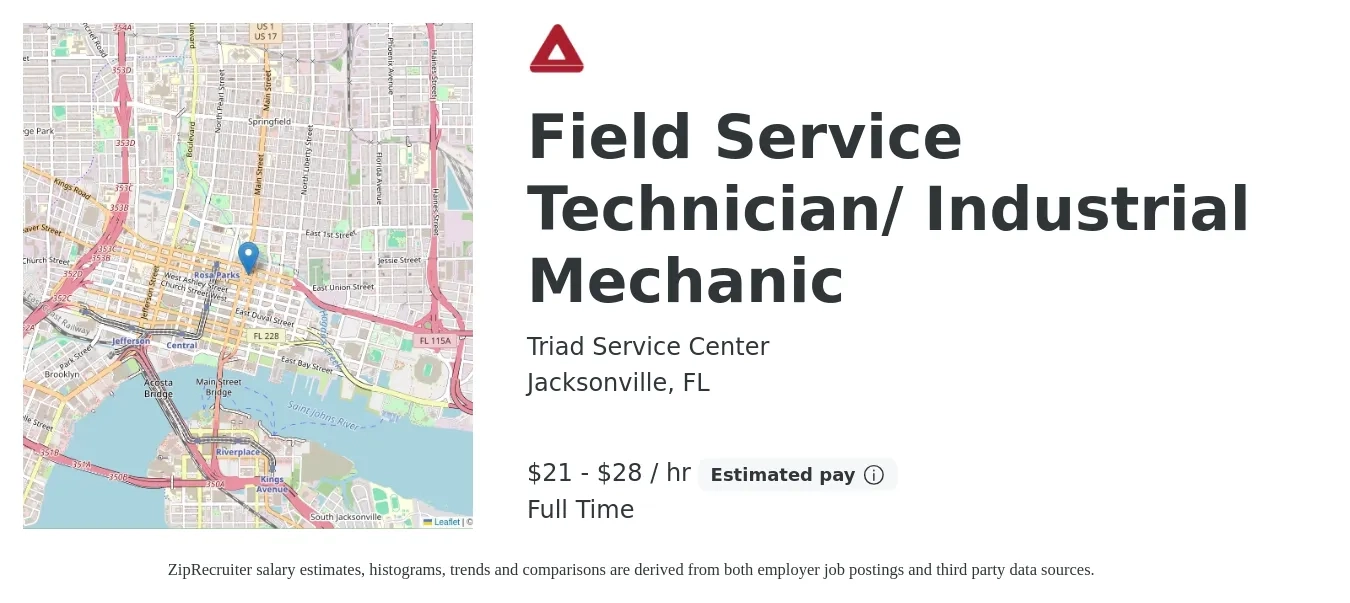 Triad Service Center job posting for a Field Service Technician/ Industrial Mechanic in Jacksonville, FL with a salary of $22 to $30 Hourly with a map of Jacksonville location.