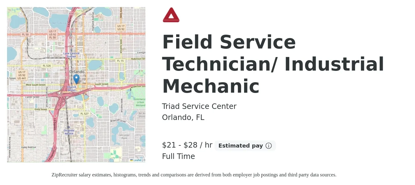 Triad Service Center job posting for a Field Service Technician/ Industrial Mechanic in Orlando, FL with a salary of $22 to $30 Hourly with a map of Orlando location.