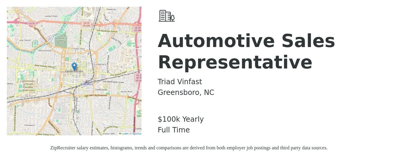 Triad Vinfast job posting for a Automotive Sales Representative in Greensboro, NC with a salary of $100,000 Yearly with a map of Greensboro location.
