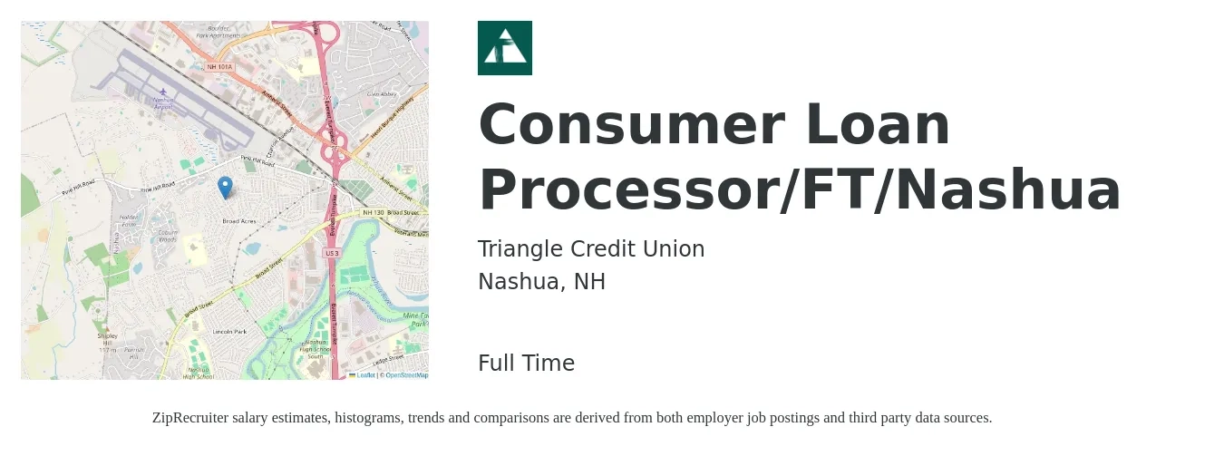 Triangle Credit Union job posting for a Consumer Loan Processor/FT/Nashua in Nashua, NH with a salary of $19 to $24 Hourly with a map of Nashua location.
