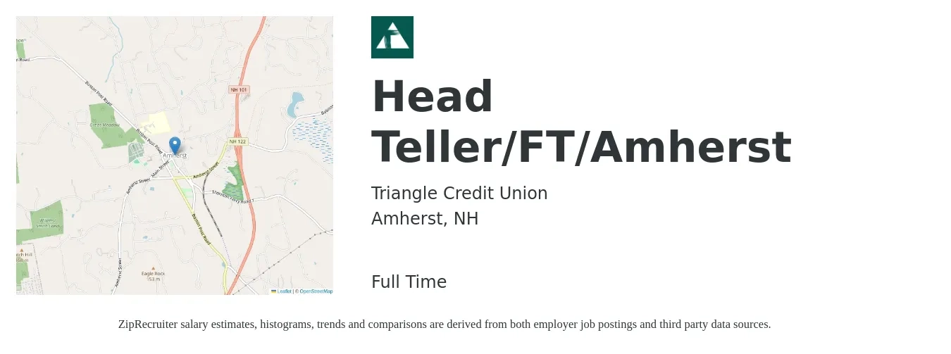 Triangle Credit Union job posting for a Head Teller/FT/Amherst in Amherst, NH with a salary of $16 to $20 Hourly with a map of Amherst location.