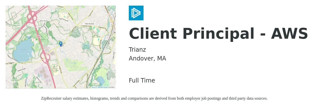 Trianz job posting for a Client Principal - AWS in Andover, MA with a salary of $85,900 to $126,300 Yearly with a map of Andover location.