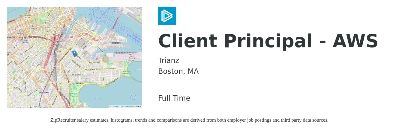 Trianz job posting for a Client Principal - AWS in Boston, MA with a salary of $92,300 to $135,800 Yearly with a map of Boston location.