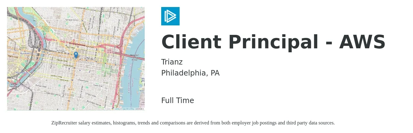 Trianz job posting for a Client Principal - AWS in Philadelphia, PA with a salary of $81,200 to $119,500 Yearly with a map of Philadelphia location.