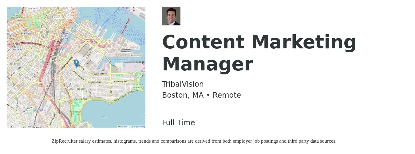 TribalVision job posting for a Content Marketing Manager in Boston, MA with a salary of $65,200 to $94,500 Yearly with a map of Boston location.