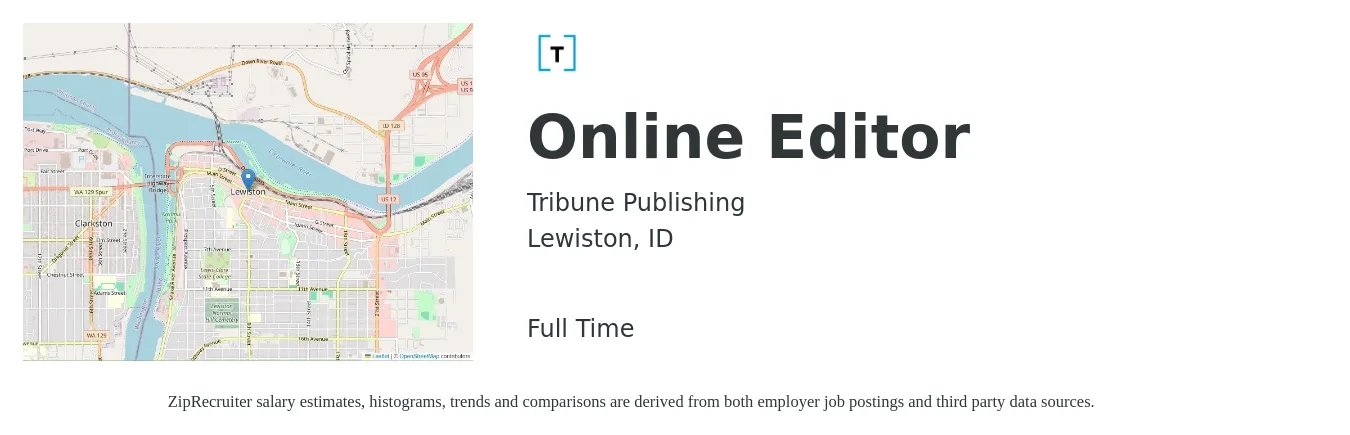 Tribune Publishing job posting for a Online Editor in Lewiston, ID with a map of Lewiston location.