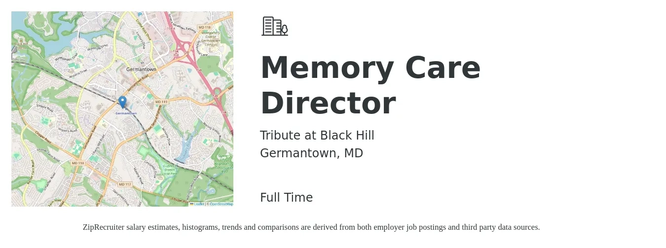 Tribute at Black Hill job posting for a Memory Care Director in Germantown, MD with a salary of $52,500 to $80,800 Yearly with a map of Germantown location.