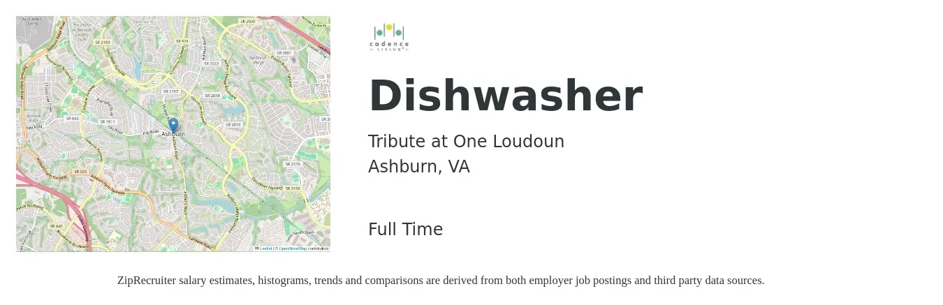 Tribute at One Loudoun job posting for a Dishwasher in Ashburn, VA with a salary of $13 to $17 Hourly with a map of Ashburn location.
