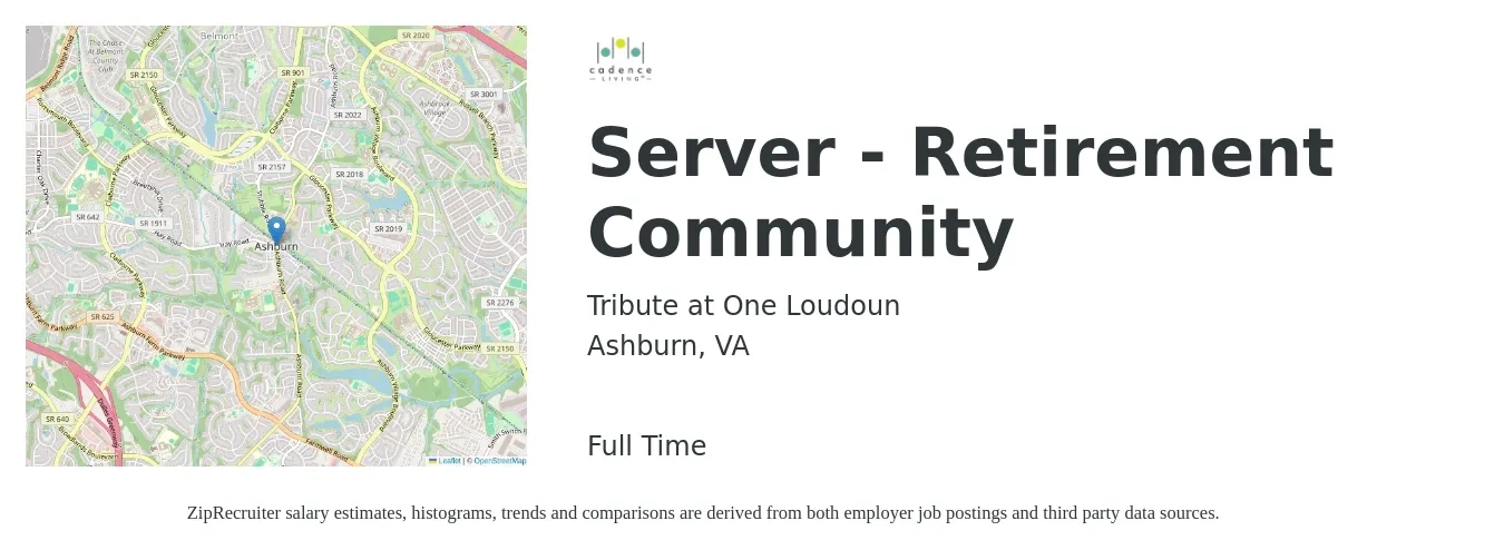 Tribute at One Loudoun job posting for a Server - Retirement Community in Ashburn, VA with a salary of $11 to $18 Hourly with a map of Ashburn location.