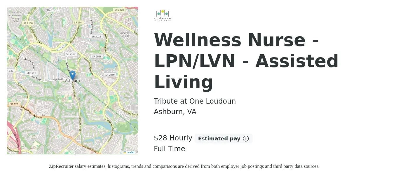 Tribute at One Loudoun job posting for a Wellness Nurse - LPN/LVN - Assisted Living in Ashburn, VA with a salary of $30 Hourly with a map of Ashburn location.