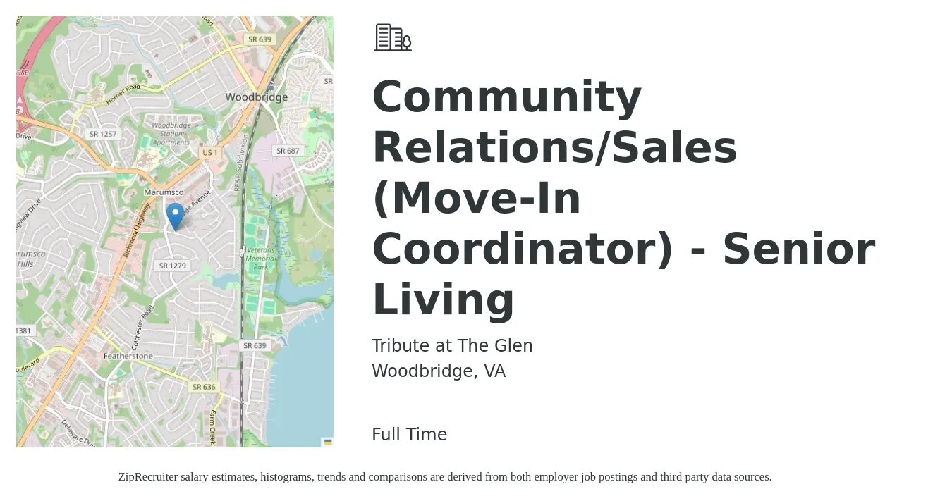 Tribute at The Glen job posting for a Community Relations/Sales (Move-In Coordinator) - Senior Living in Woodbridge, VA with a salary of $22 to $33 Hourly with a map of Woodbridge location.