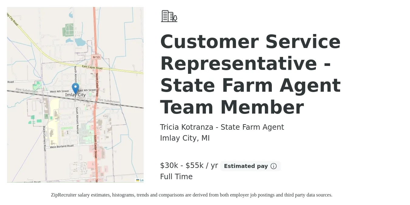 Tricia Kotranza - State Farm Agent job posting for a Customer Service Representative - State Farm Agent Team Member in Imlay City, MI with a salary of $30,000 to $55,000 Yearly with a map of Imlay City location.