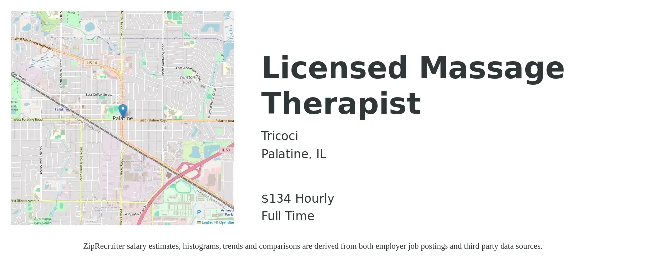 Tricoci job posting for a Licensed Massage Therapist in Palatine, IL with a salary of $140 Hourly with a map of Palatine location.