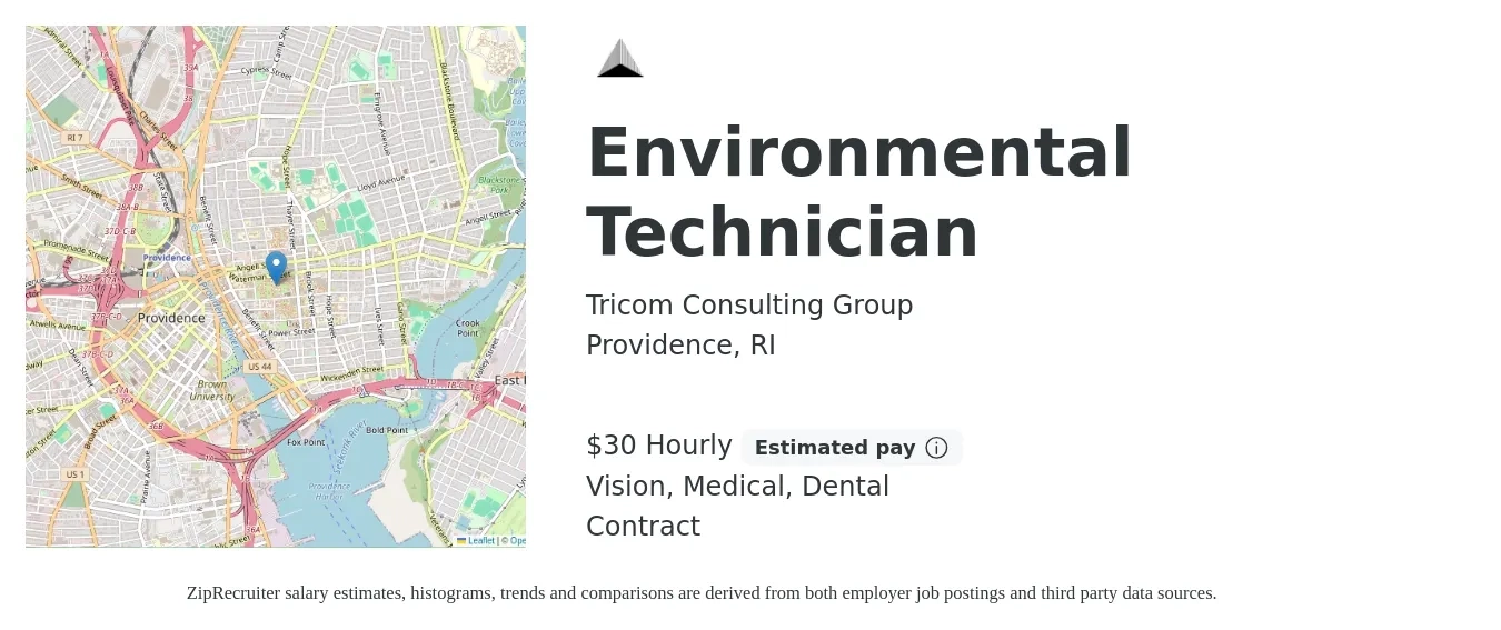 Tricom Consulting Group job posting for a Environmental Technician in Providence, RI with a salary of $32 Hourly and benefits including life_insurance, medical, retirement, vision, and dental with a map of Providence location.