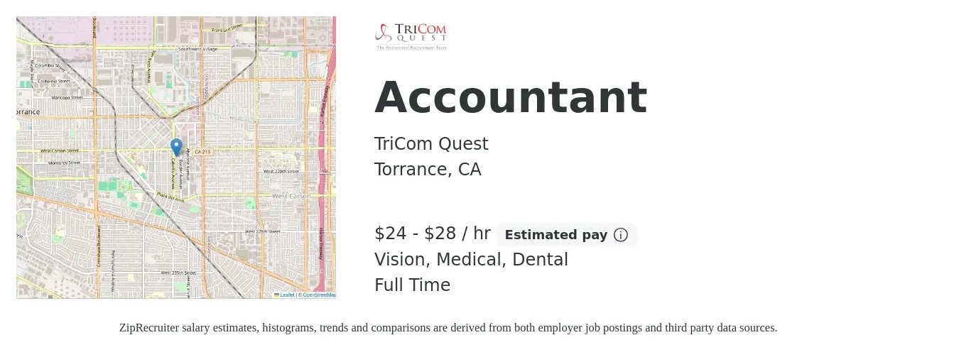 TriCom Quest job posting for a Accountant in Torrance, CA with a salary of $25 to $30 Hourly and benefits including pto, retirement, vision, dental, life_insurance, and medical with a map of Torrance location.