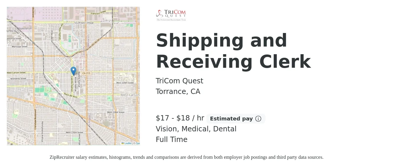 TriCom Quest job posting for a Shipping and Receiving Clerk in Torrance, CA with a salary of $18 to $19 Hourly and benefits including vision, dental, life_insurance, medical, pto, and retirement with a map of Torrance location.