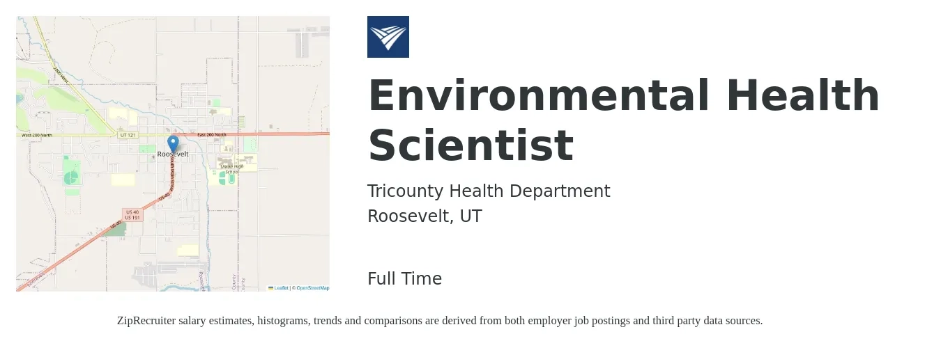 Tricounty Health Department job posting for a Environmental Health Scientist in Roosevelt, UT with a salary of $22 to $37 Hourly with a map of Roosevelt location.