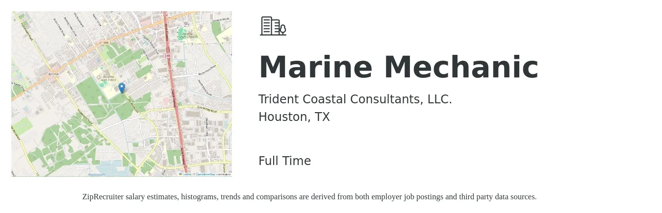 Trident Coastal Consultants, LLC. job posting for a Marine Mechanic in Houston, TX with a salary of $26 to $31 Hourly with a map of Houston location.