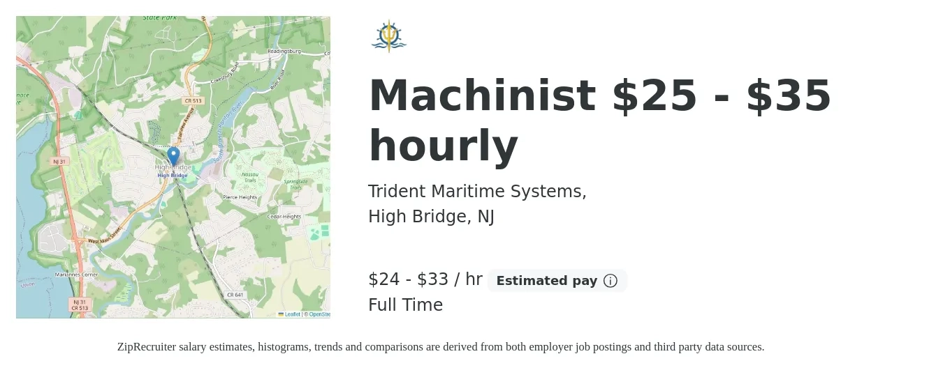 Trident Maritime Systems, job posting for a Machinist $25 - $35 hourly in High Bridge, NJ with a salary of $25 to $35 Hourly with a map of High Bridge location.