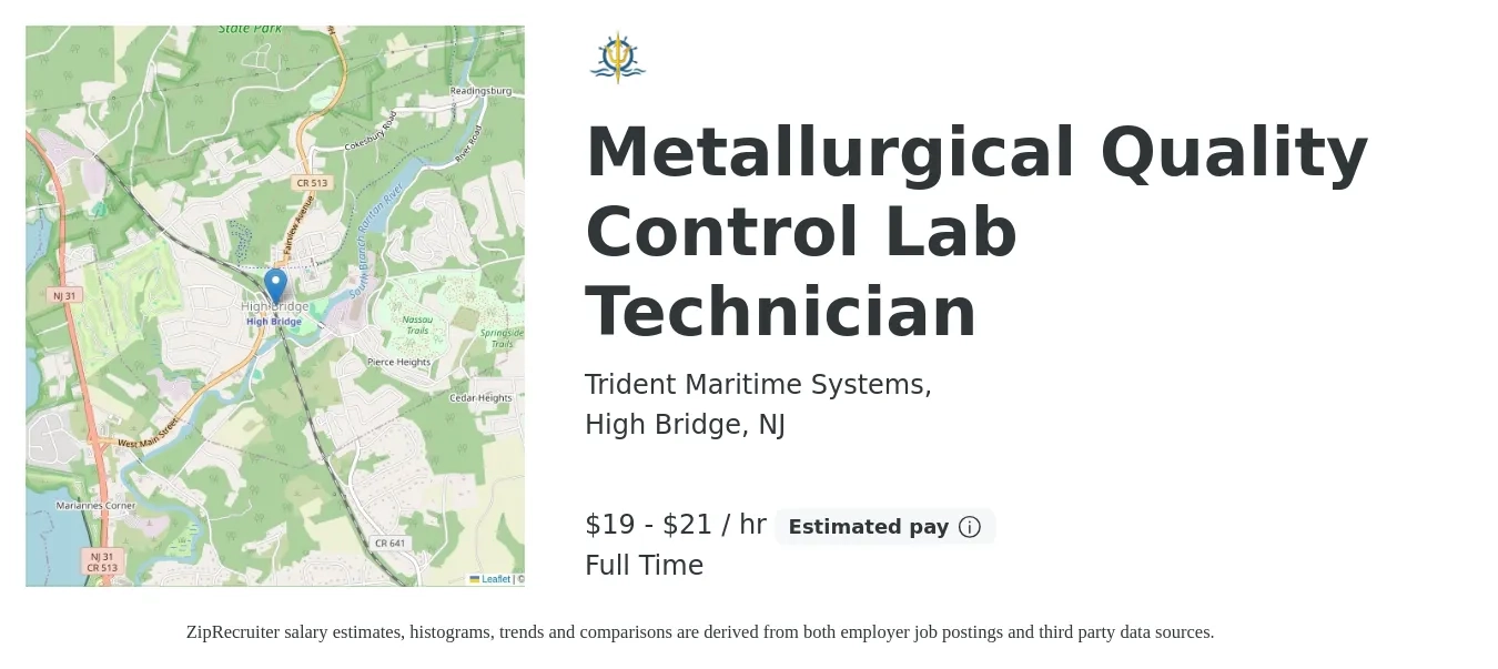 Trident Maritime Systems, job posting for a Metallurgical Quality Control Lab Technician in High Bridge, NJ with a salary of $20 to $22 Hourly with a map of High Bridge location.